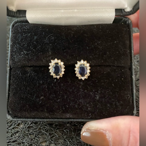 14K Gold Diamond 1.18ct Sapphire Small Halo Oval Stud Earrings - Picture 3 of 7